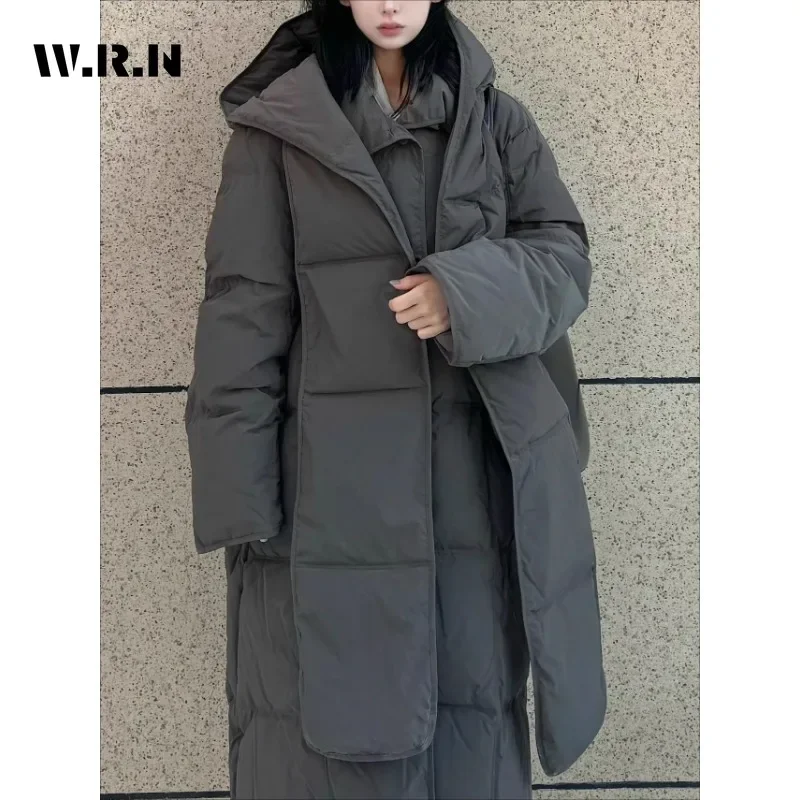 ผู้หญิงลําลองHooded Maxi XยาวParkas JacketสีทึบแขนยาวOuterwear 2024 ฤดูหนาวLace-Up Single Breasted Warm Coat