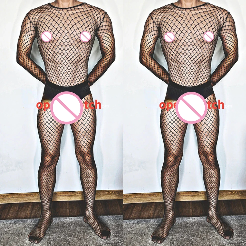 Plus Size Men's Black Sexy Lingerie Fishnet Body Stockings Male Underwear Exotic Lingerie for Man Open Crotch Transparent Tights - view 3