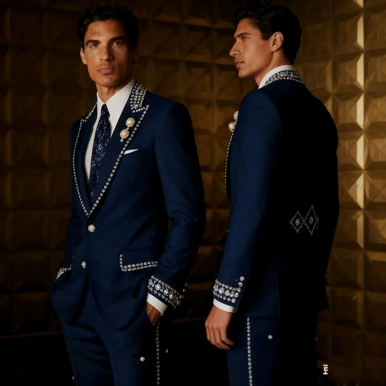 

Luxury Crystals Men Suits Pants Set 2 Pcs Blue Blazer+Cotton Trousers Groom Wedding Tuxedos Jacket Formal Office Business Coat