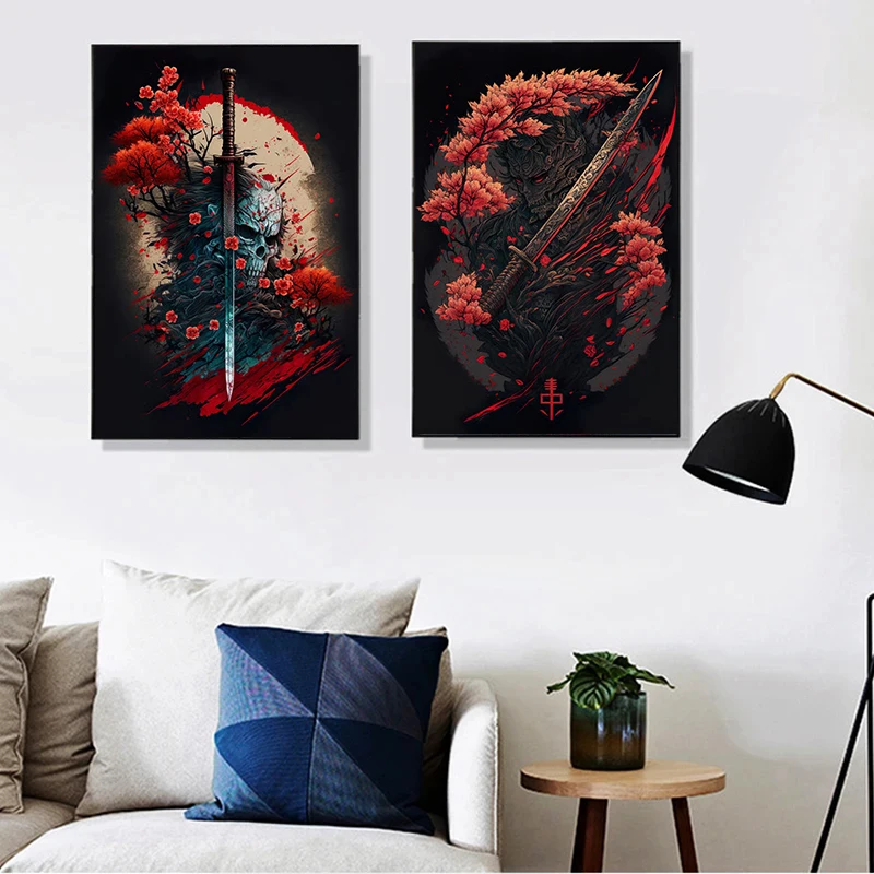 Japanese Samurai Sabre Poster Black White Katana Flower Print Canvas Painting Home Living Room Wall Art Decor Picture Cuadros