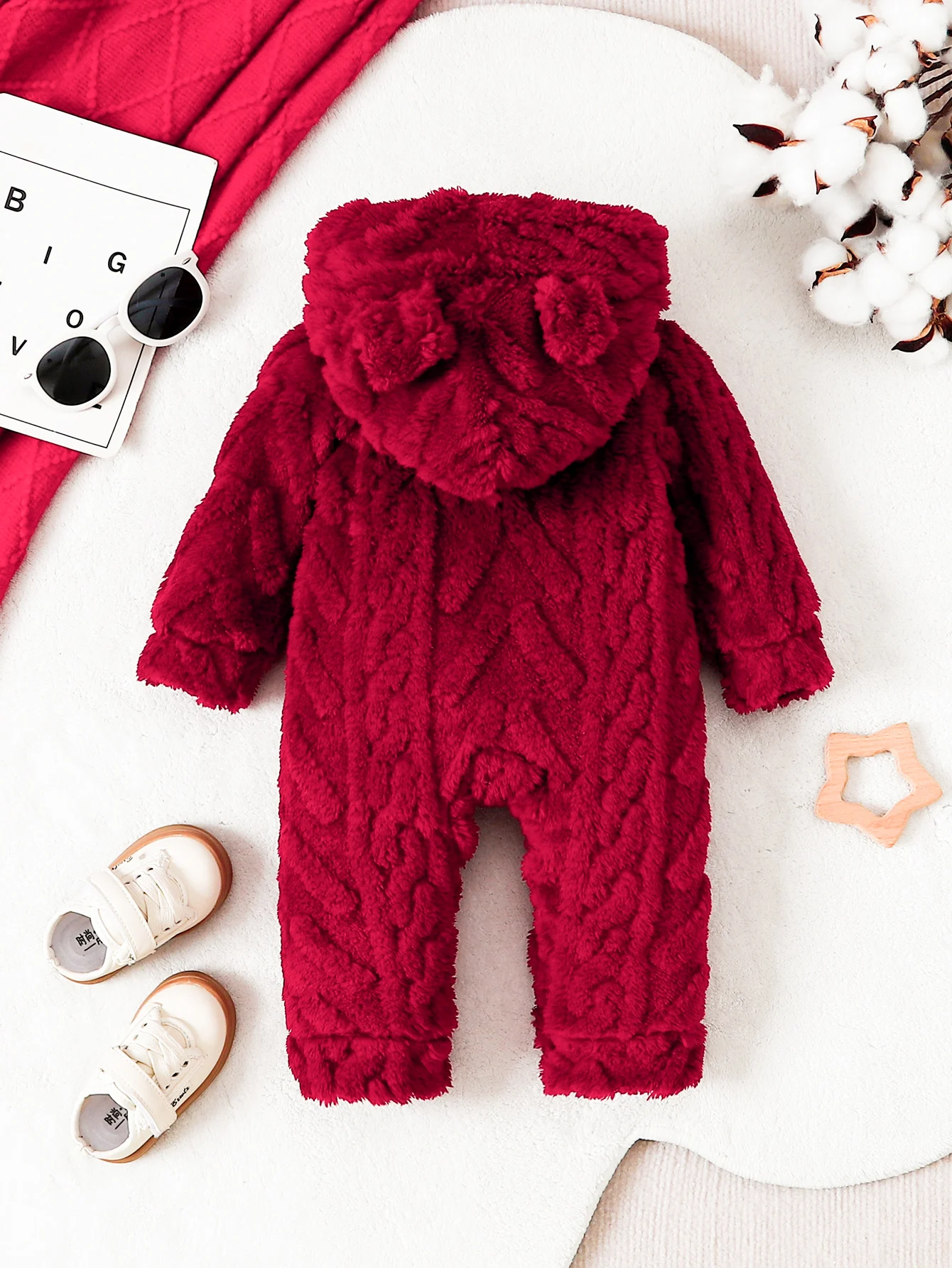 1pc Winter Baby Red Bear Ear Fleece Jumpsuit, Soft Warm Hooded Romper, Sweet Style, Daily/Photoshoot/Wear, 0-12M, Thick Fabric
