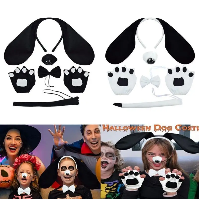 B95F Halloween-Hundekostüm, Hundeohr-Stirnband, Handschuh, Plüschschwanz, Tierkostüm-Zubehör für Kinder, Jungen, Mädchen,