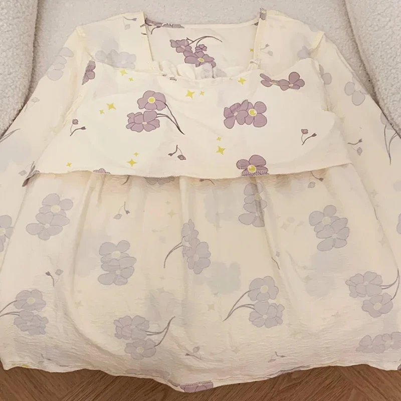 مجموعات بيجامة نسائية مبطنة بالزهور ، ملابس نوم ناعمة ، فضفاضة ، حلوة ، منزلية ، كاجوال ، أنيق ، يومي ، موضة كورية ، جمالية ، ربيع ، خريف