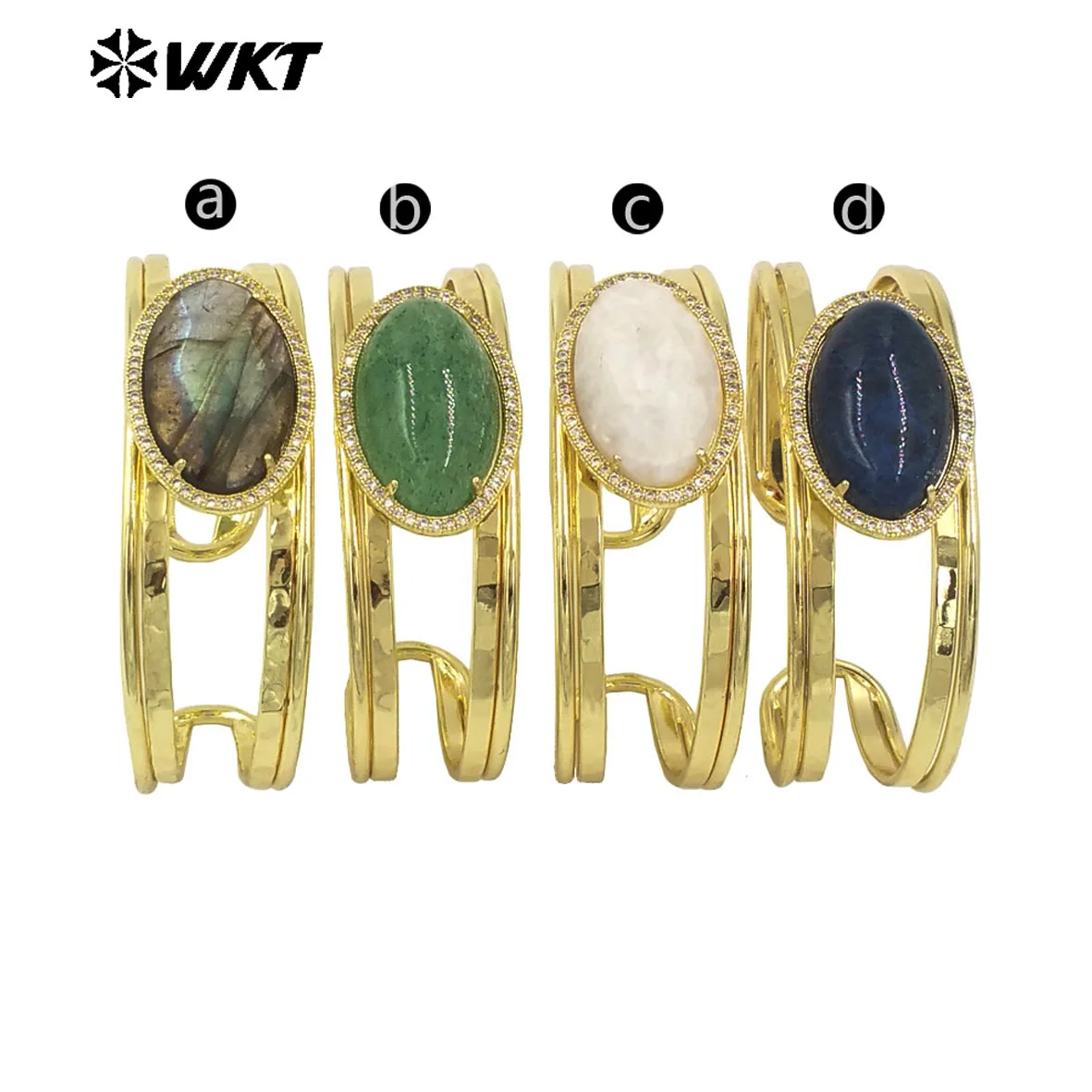WT-B661 Exquisite Fine Natural Colored Gemstone Oval Shape Stone With Hollow Design 18k Plating Cuff Bangle Decorated