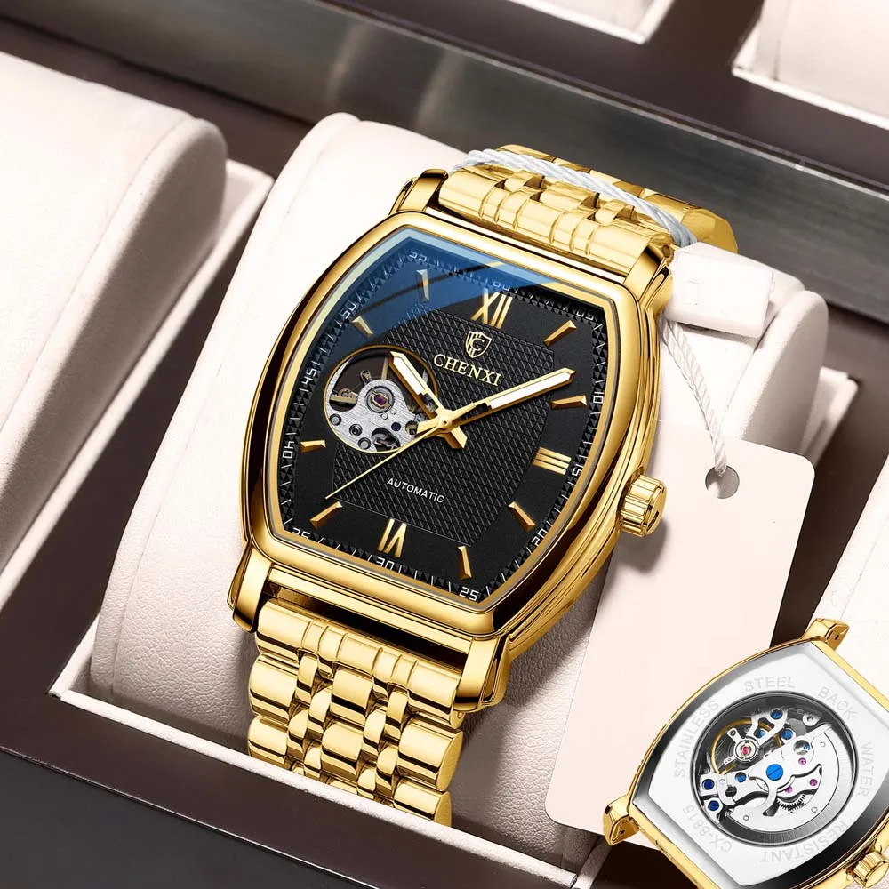 

Мужские механические часы CHENXI Premium, полностью автоматические, модные, квадратные, скелетонизированные, водонепроницаемые.