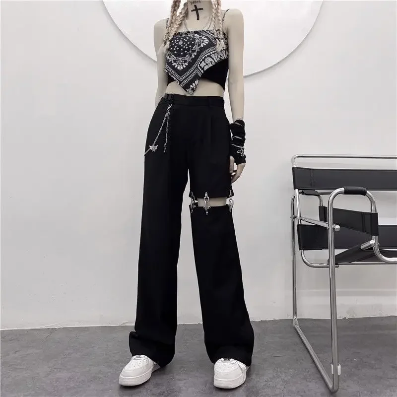 Harajuku Streetwear Women Pants with Belt Chain Hip Hop Loose Hollow Pants Woman Summer Design Straight Leg Trousers S-3XL