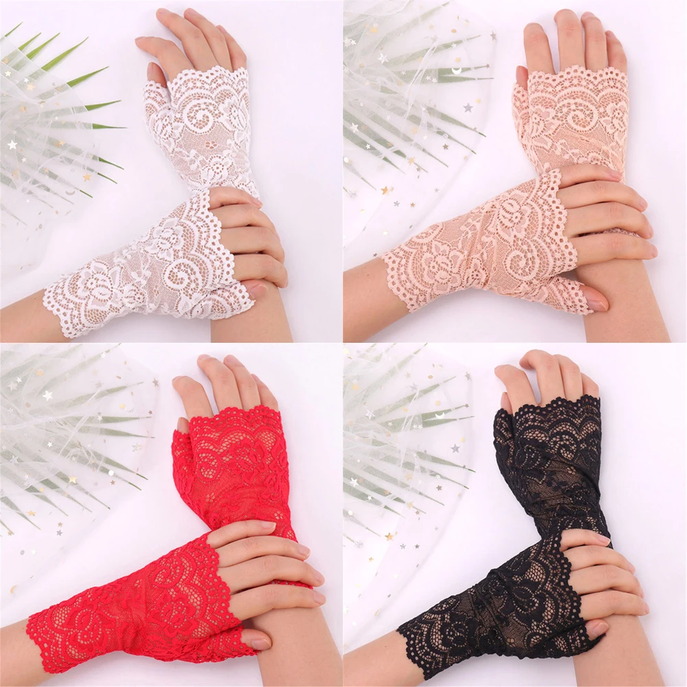 Fashion Women Spring And Summer Dance Lace Gloves Sunscreen Short Gloves Fingerless Driving Gloves Half Finger Mittens