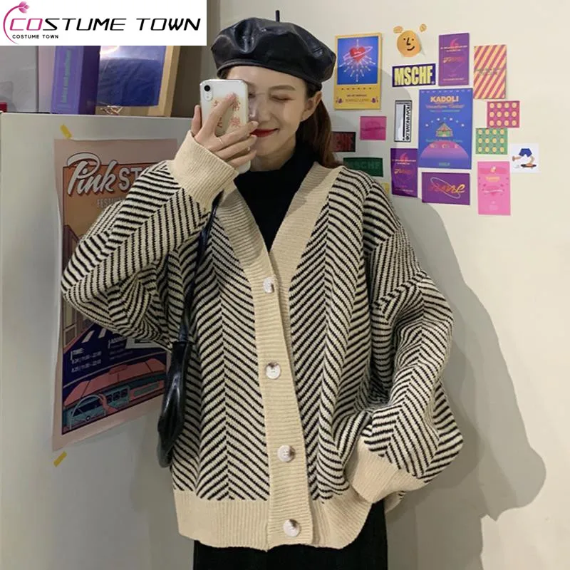 

Spring and Autumn New Knitted Cardigan Coat Women's Korean Version Loose Fitting Student Lazy Style Versatile Striped Sweater