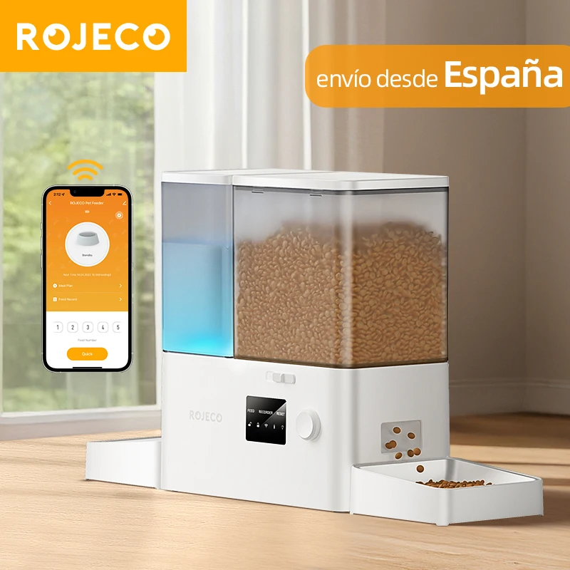 ROJECO Distributeur automatique de nourriture pour animaux de compagnie 8,5 L avec fontaine à eau par gravité 2-en-1, télécommande WIFI, distributeur de croquettes pour chat et abreuvoir