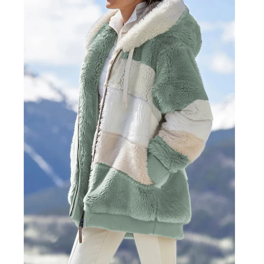 

Pop Pop Winter Fashion Women's Coat 2025 Autumn Winter Hooded Warm Plush Pocket Jacket Spliced Thick Cashmere Jacket Stitching O