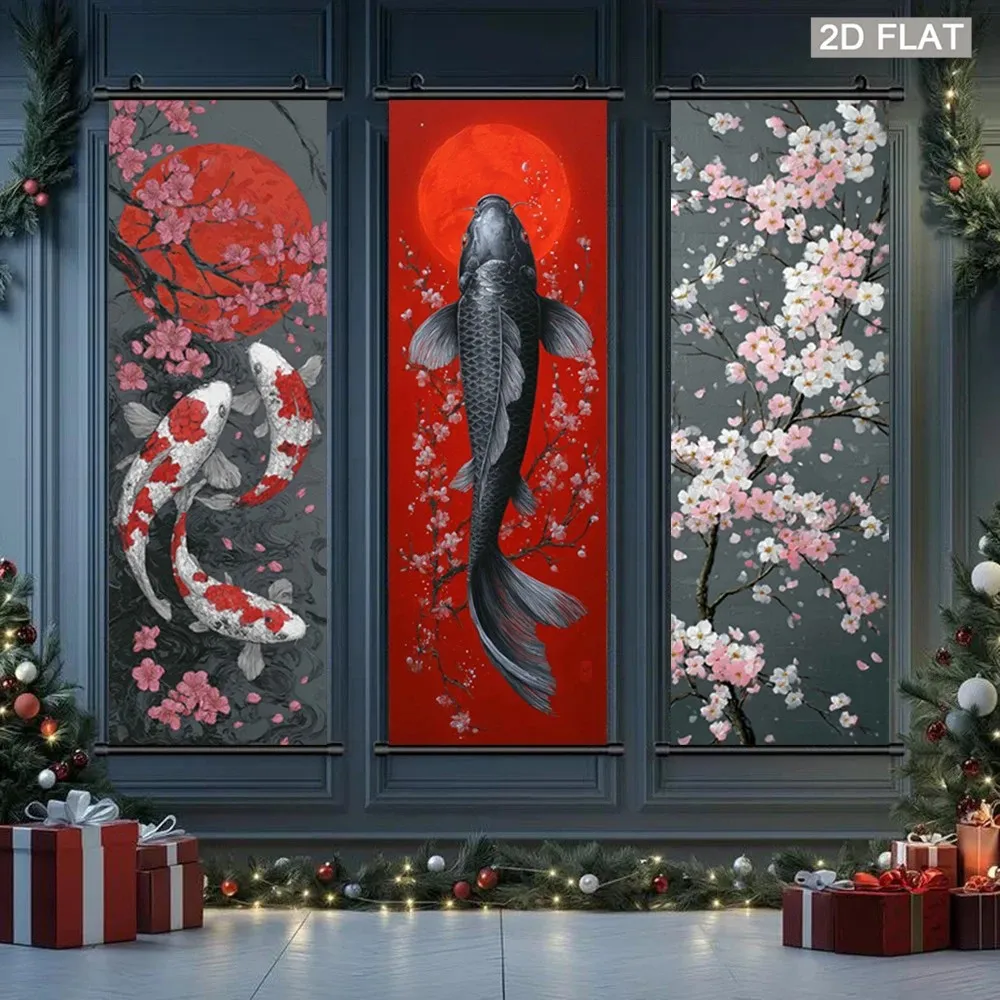 VIKAMA Koi Fish Under Sakura Japanese 3 Piece Wall Scroll Tapestry Set Red Sun Ink Poster Wall Decor for Living Room Office