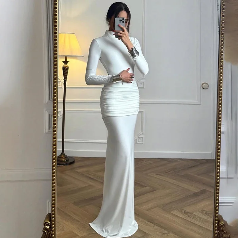 

Backless Fashion Maxi Dress Female Slim Turtleneck Fishtail Evening Dress Solid Long Sleeve Ruched Dress Female Elegant