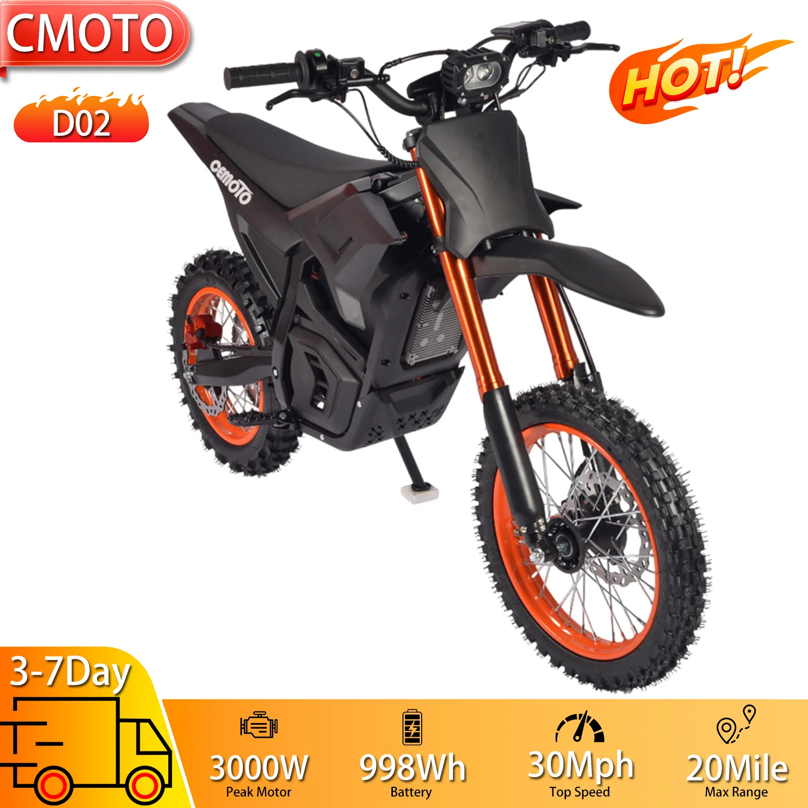 

Электрический внедорожный мотоцикл с 14-дюймовыми шинами, пиковой мощностью двигателя 3000 Вт, полной подвеской, для взрослых, 48В 20.8Ач, максимальная скорость 30 миль/ч, LCD-дисплей