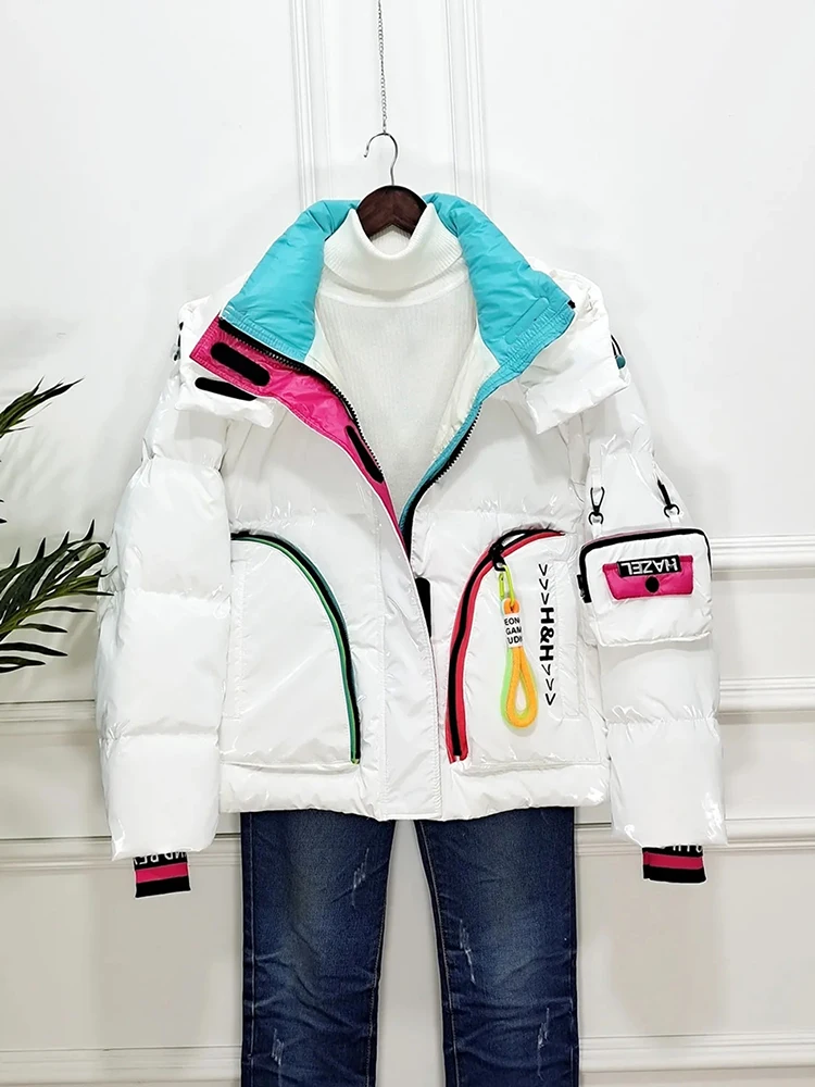 2024 Winter Women White Duck Down Jacket Glossy Loose Hooded Jacket Thick Parka Female Warm Jacket Waterproof Snow Coat Outwear