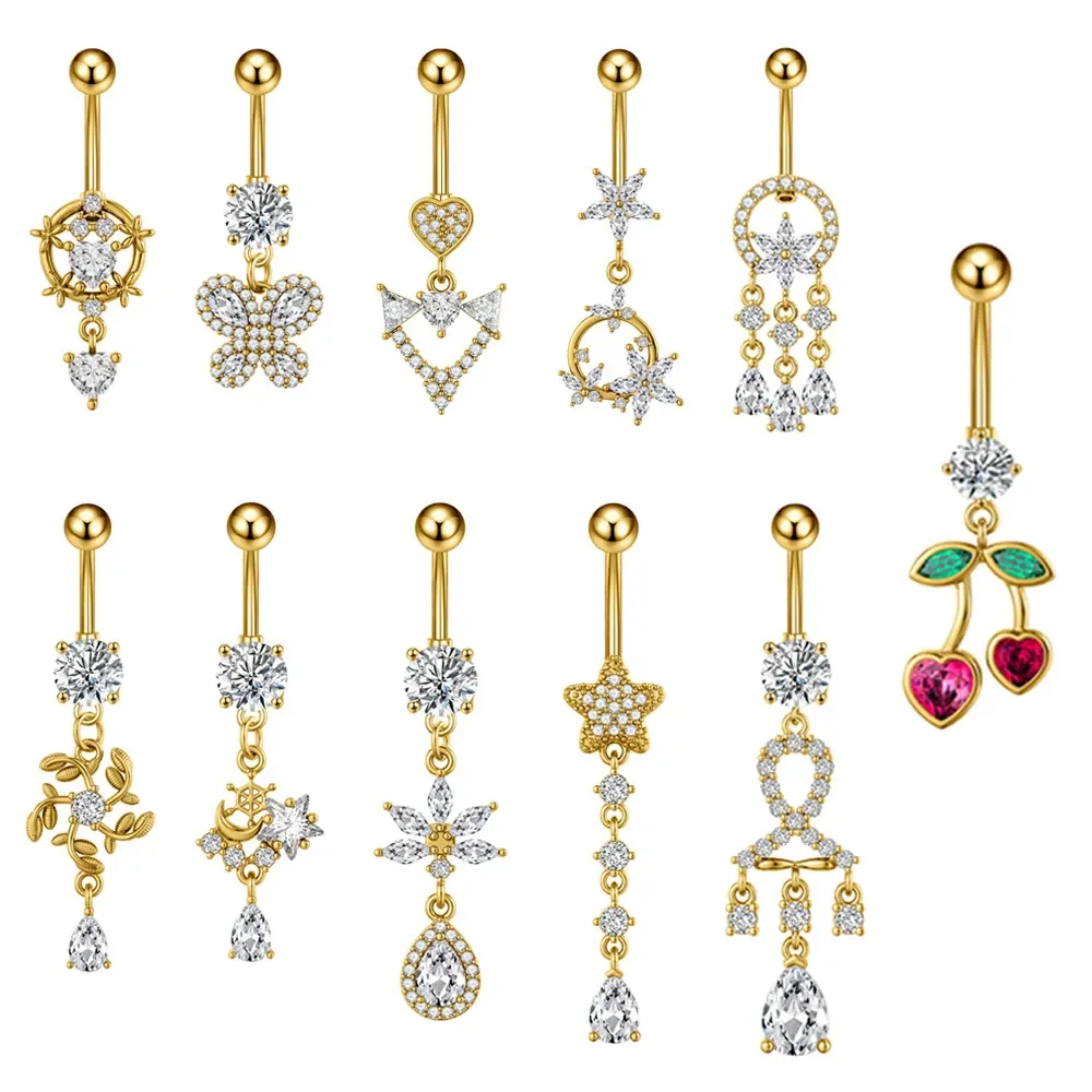 

22Pcs Navel Nail New Love Cherry Pearl Moon Pentagram Full Zirconium Butterfly Zircon Stainless Steel Women Jewelry
