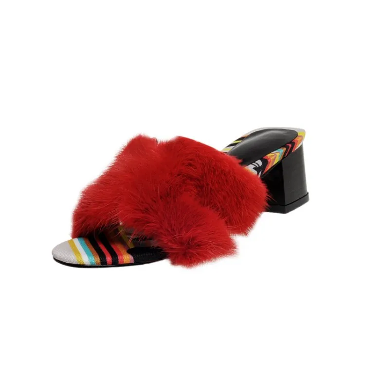 Black White Red Mink Fur Flat Slipper Butterfly Shape Floral Printing Fabric Peep Toe Women Leisure Winter Fur Slide Shoes