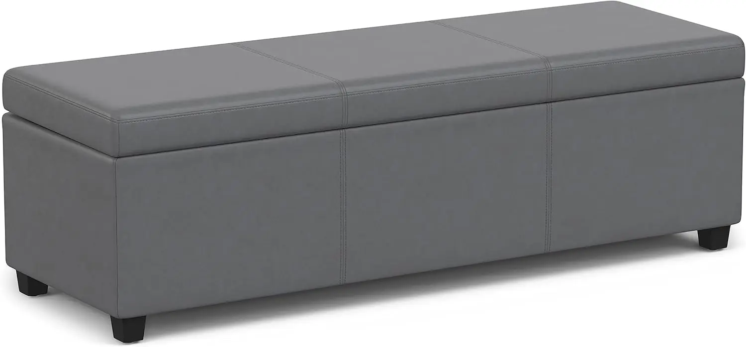 

54 Inch Wide Contemporary Rectangle Extra Large Storage Ottoman Bench in Stone Grey Leather, for The L