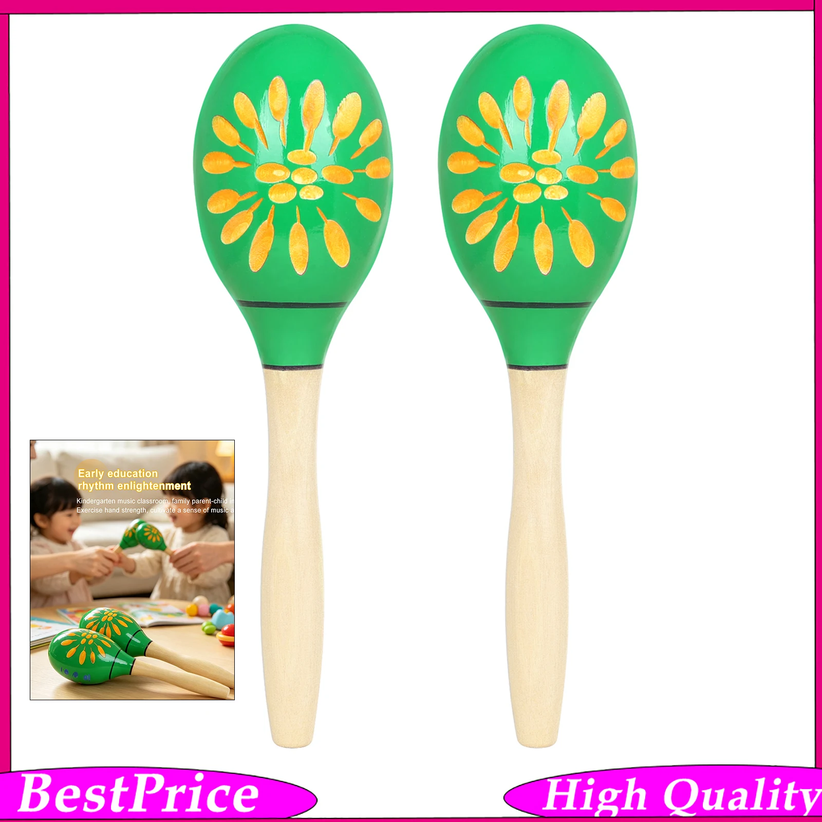 J213 Orff Wooden Maracas Hand Painted Floral Pattern Percussion Instruments Shakers for Stage Performance School Activities