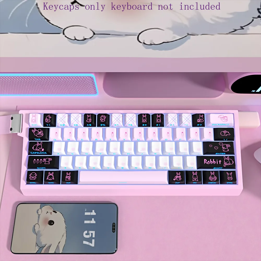 Cute Rabbit Binary Keycap Set PBT Cherry Side-engraved Translucent Adapted To MX Switch Magnetic Shaft Mechanical Keyboards.