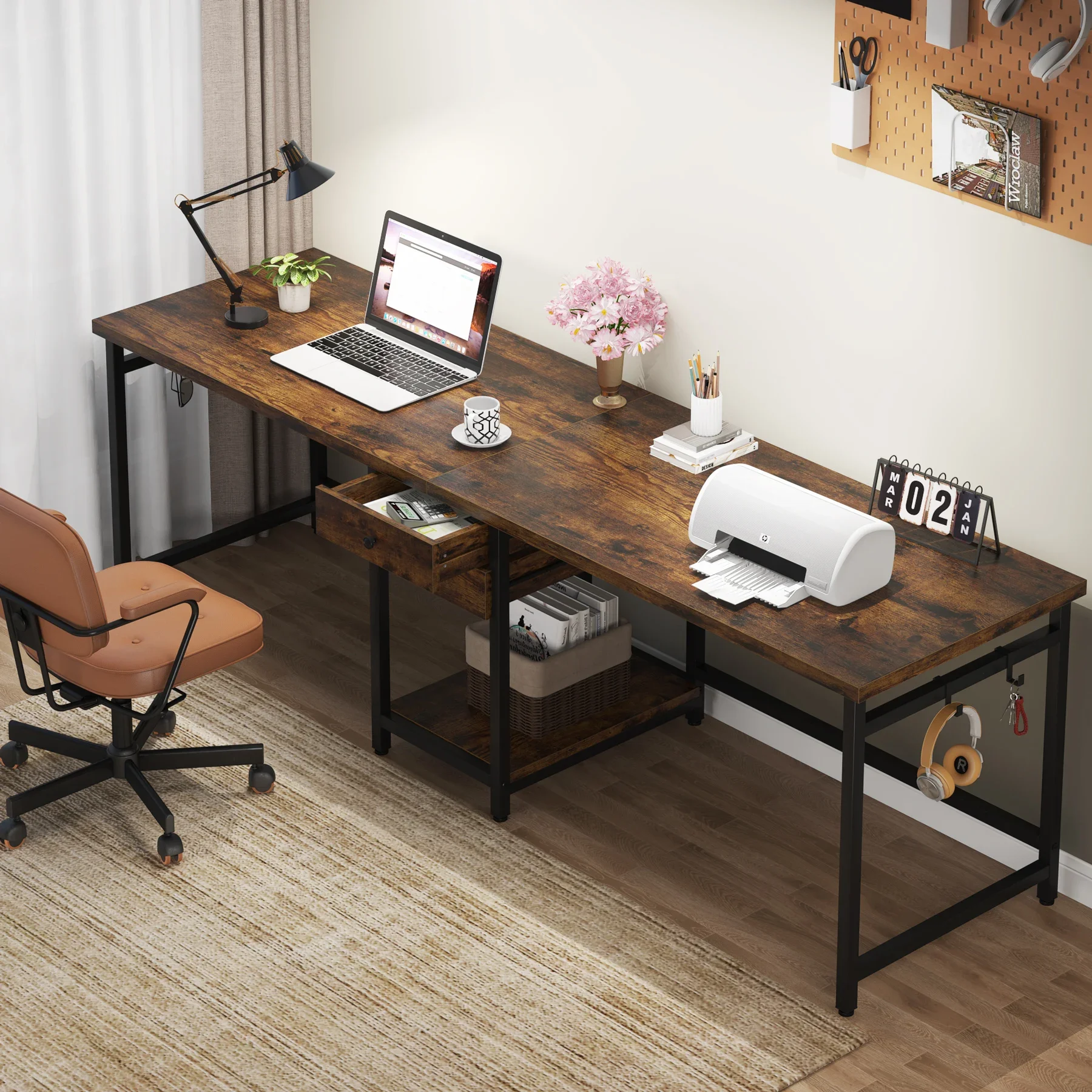 Tribesigns 78.74’’ Two Person Desk with 2 Drawers, Long Double Computer Desk Gaming Table with Shelves