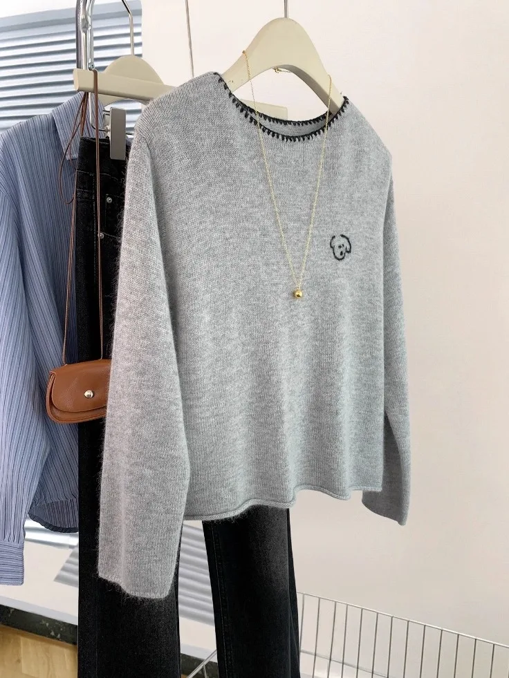 سترة نسائية محبوكة طويلة مطرزة من Ele سترة نسائية للخريف والشتاء فضفاضة تغطي البطن ومضادة للشيخوخة #4