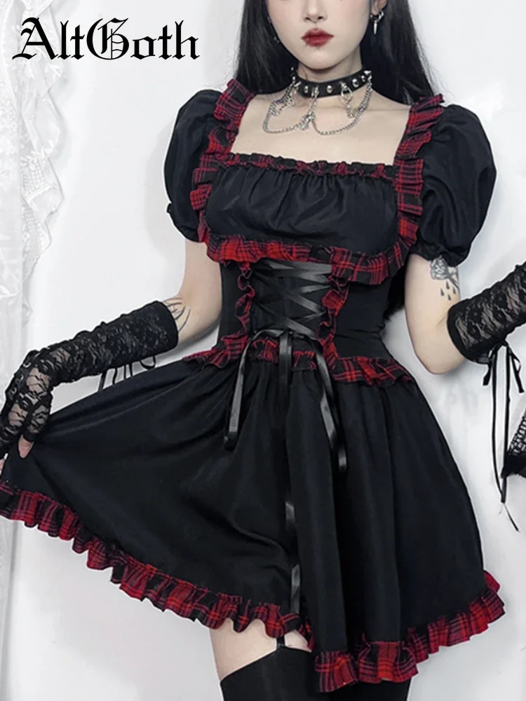 AltGoth Cute Sweet Gothic Lolita Dress Women Streetwear Harajuku Dark Punk Cosplay Red Plaid Hem High Waist Bandage Corset Dress