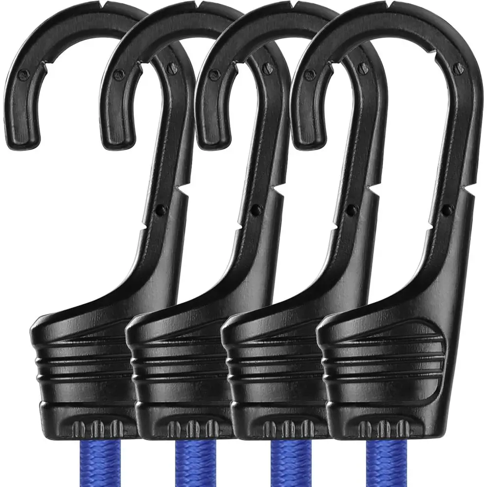 24 Inch Heavy-Duty Rubber Bungee Cords with Hooks, 4-Pack, Strong Elastic Straps for Outdoor, Camping, Storage, and More, Blue