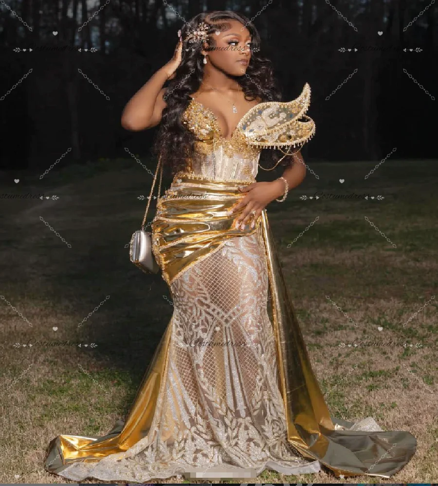 

Металлическое золотое платье-русалка для выпускного вечера 2026, потрясающие вечерние платья Aso Ebi для темнокожих девушек с кружевом и бисером, с вырезом «сердечко», для дня рождения, торжественные