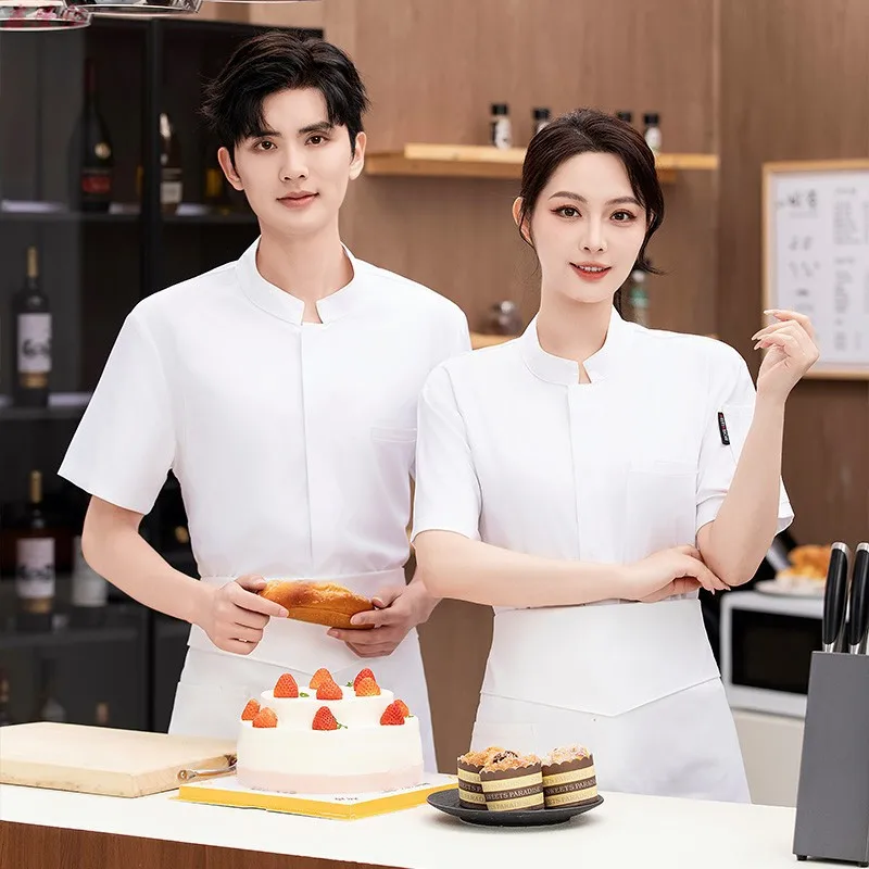

Short-sleeved chef workwear for restaurants, hotels, and catering, white breathable mesh stand-up collar work uniform for male c