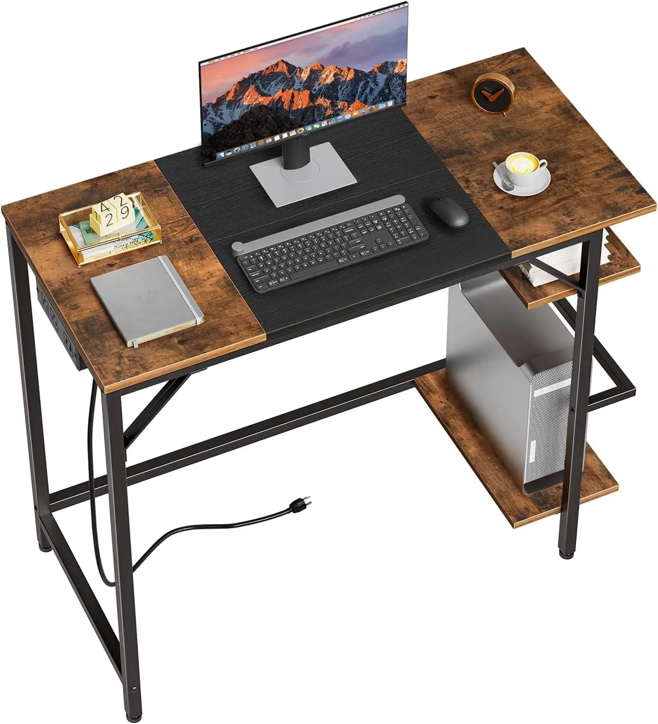 Computer Desk Rustic Brown Wood Standard Size with Power Outlets All Seasons Brown