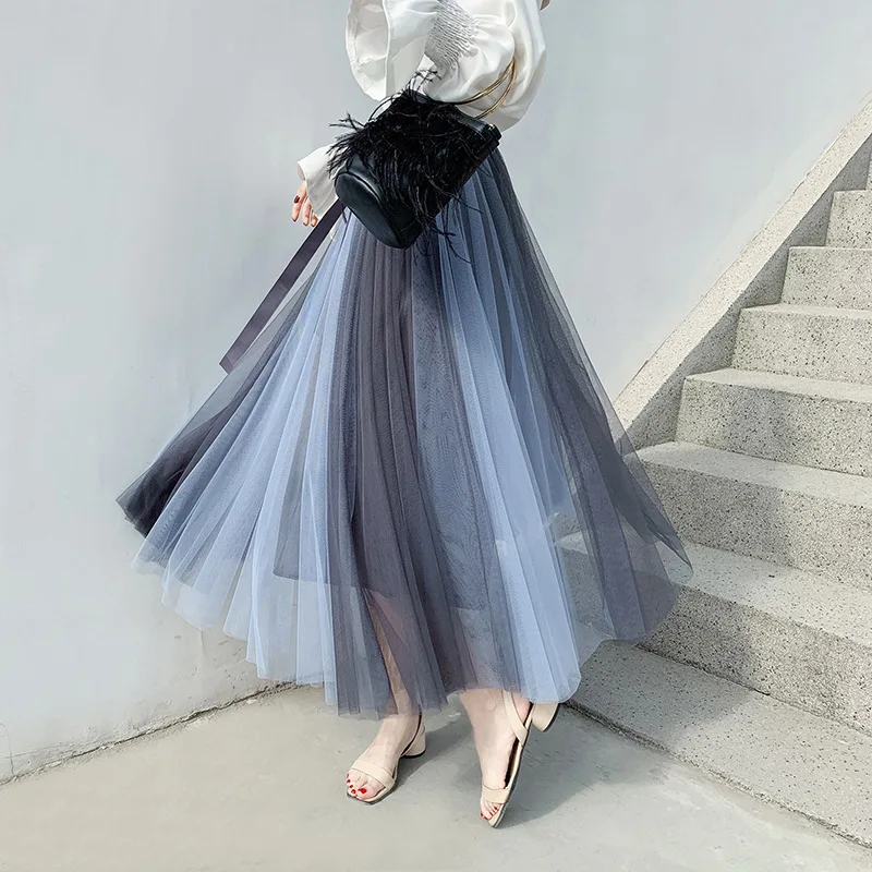 Korean Style Contrasting Mesh Skirt Elastic Waistband Bow Gentle Style Big Swing Skirt Fashionable Temperament Half Length Skirt
