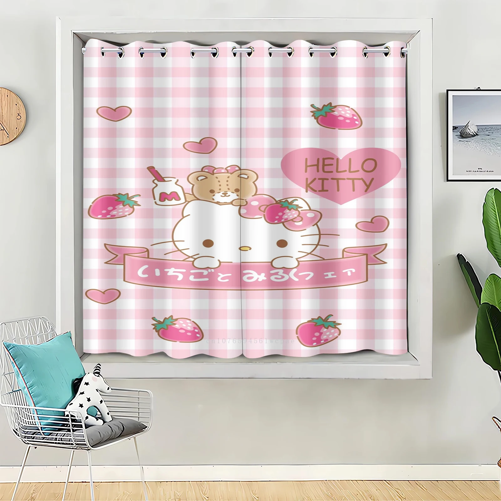 

2pc Hello Kitty Cute Cartoon Blackout Curtains High Shading Protection Living Room Partition Window Bedroom Hook Curtain