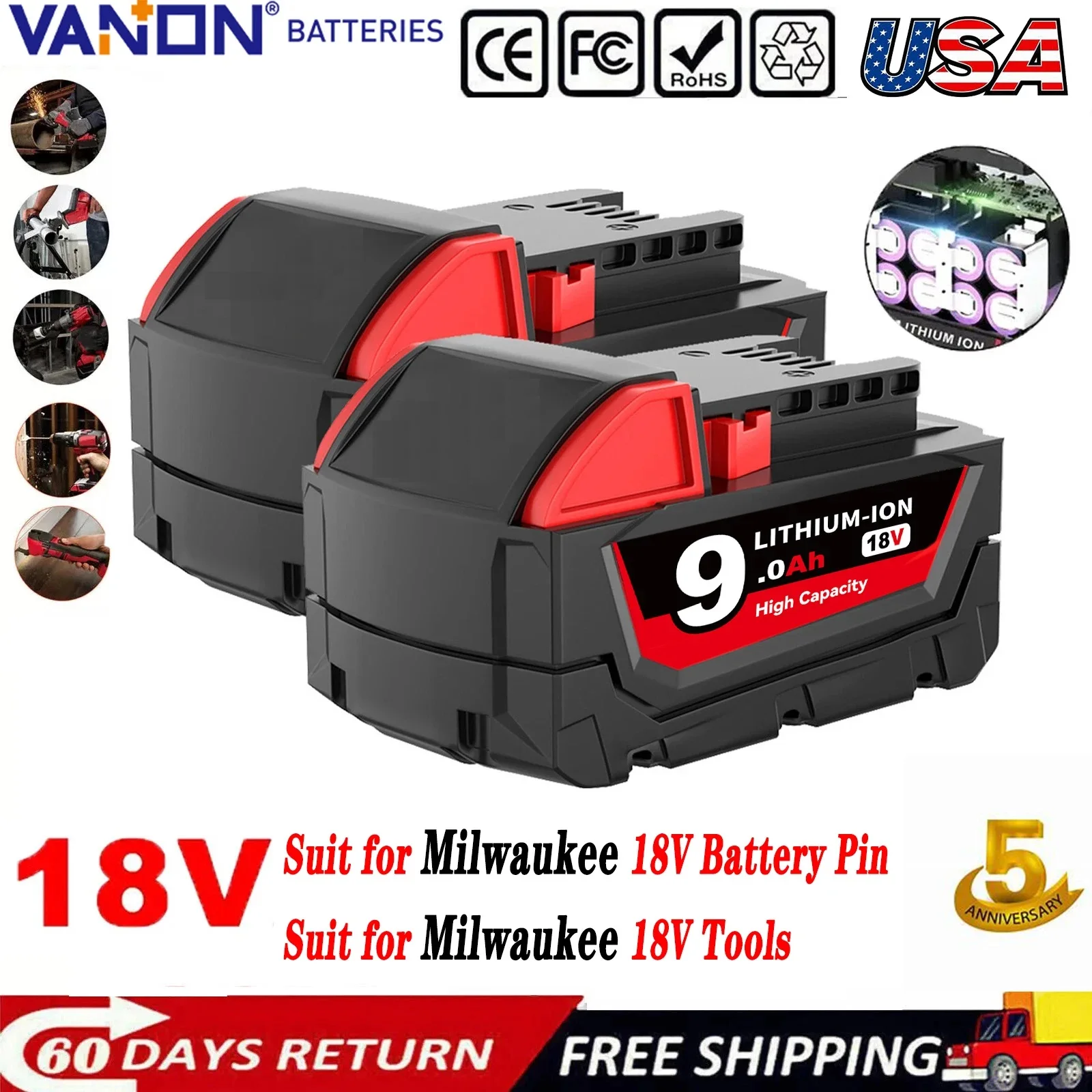 

VANON 2Pcs 18V 9.0Ah M18 Rechargeable Battery Replace for Milwaukee 18 Volt Lithium Battery pin 48-11-1860 48-11-1850 48-11-1840
