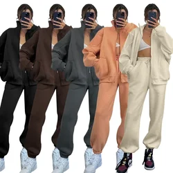 Women Pant Sets Two Piece Sets Zipper Thick Coats Sport Tracksuit Jogger Full Sleeve Solid Loose Long Pants Set Autumn Winter