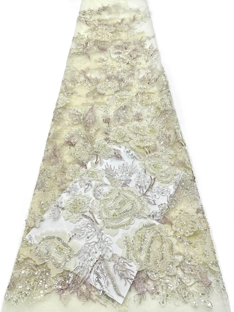 

2026 Luxury Chiffon French African Handmade Embroidery Beads Lace High Quality Nigerian Sequins Lace Fabric For Wedding Dress