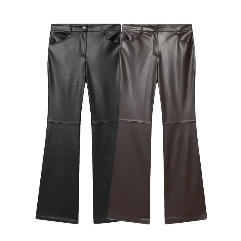 Women Autumn New Style Hot Girl Leather Buttoned Slightly Flared Form-fitting Casual Leather Long Pants with High Waist Fashion