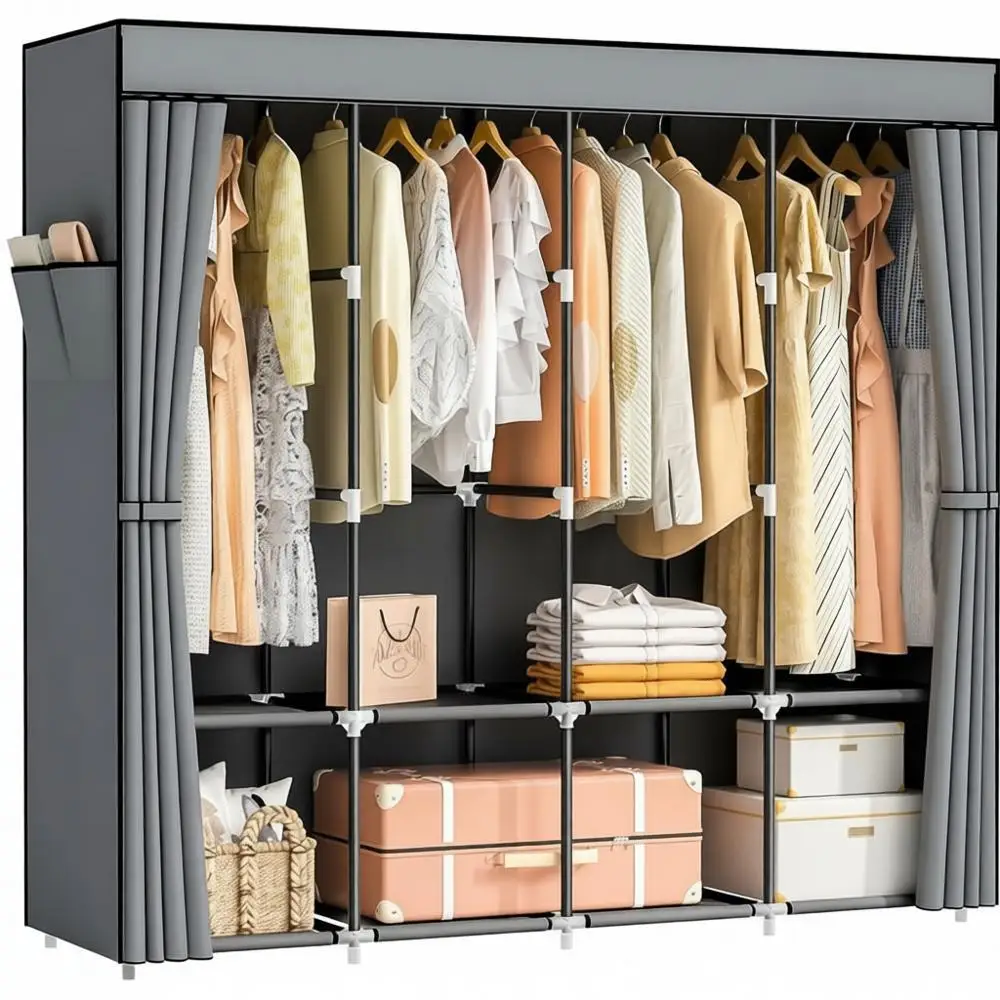 

66 Inch Large Capacity Wardrobe Organizers, Non-Woven Fabric Cover, 4 Hanging Rods, 8 Shelves, Grey