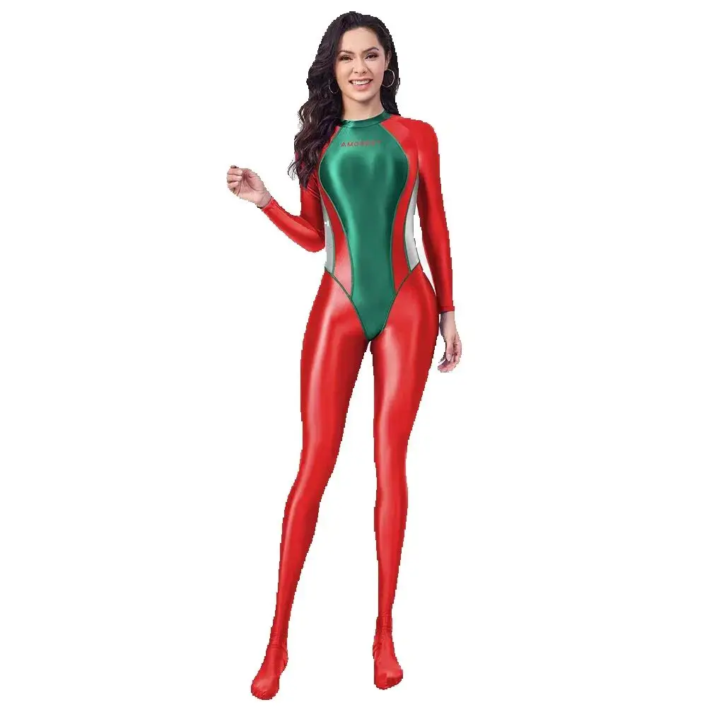 know dream Long sleeved foot hugging jumpsuit Christmas color scheme, holiday long sleeved spandex bodysuit, competitive suit