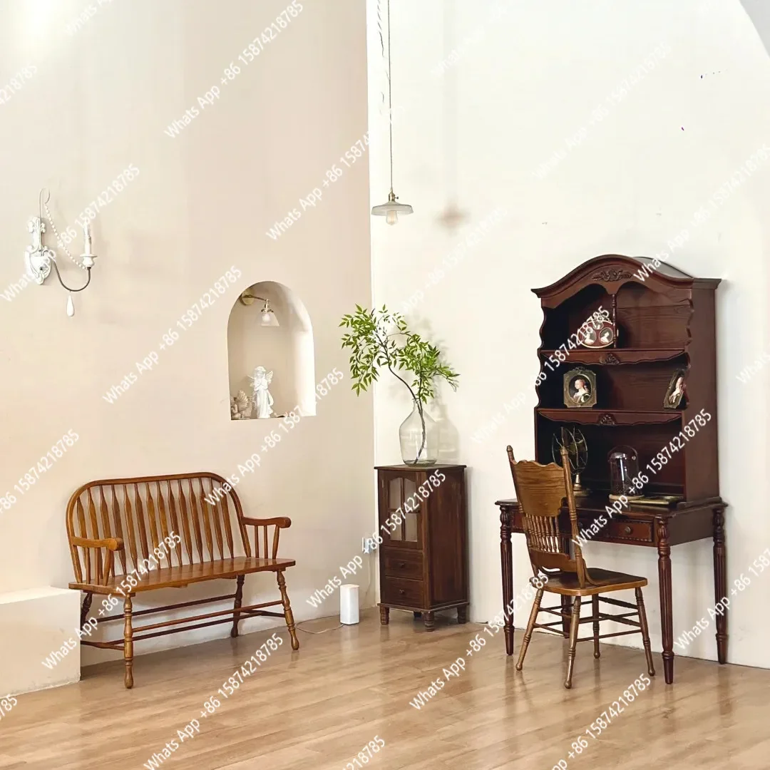 C64 American Solid Wood Bookcase Makeup Table Integrated French Retro Old Engraved Living Room Dishes Storage Display Cabinet