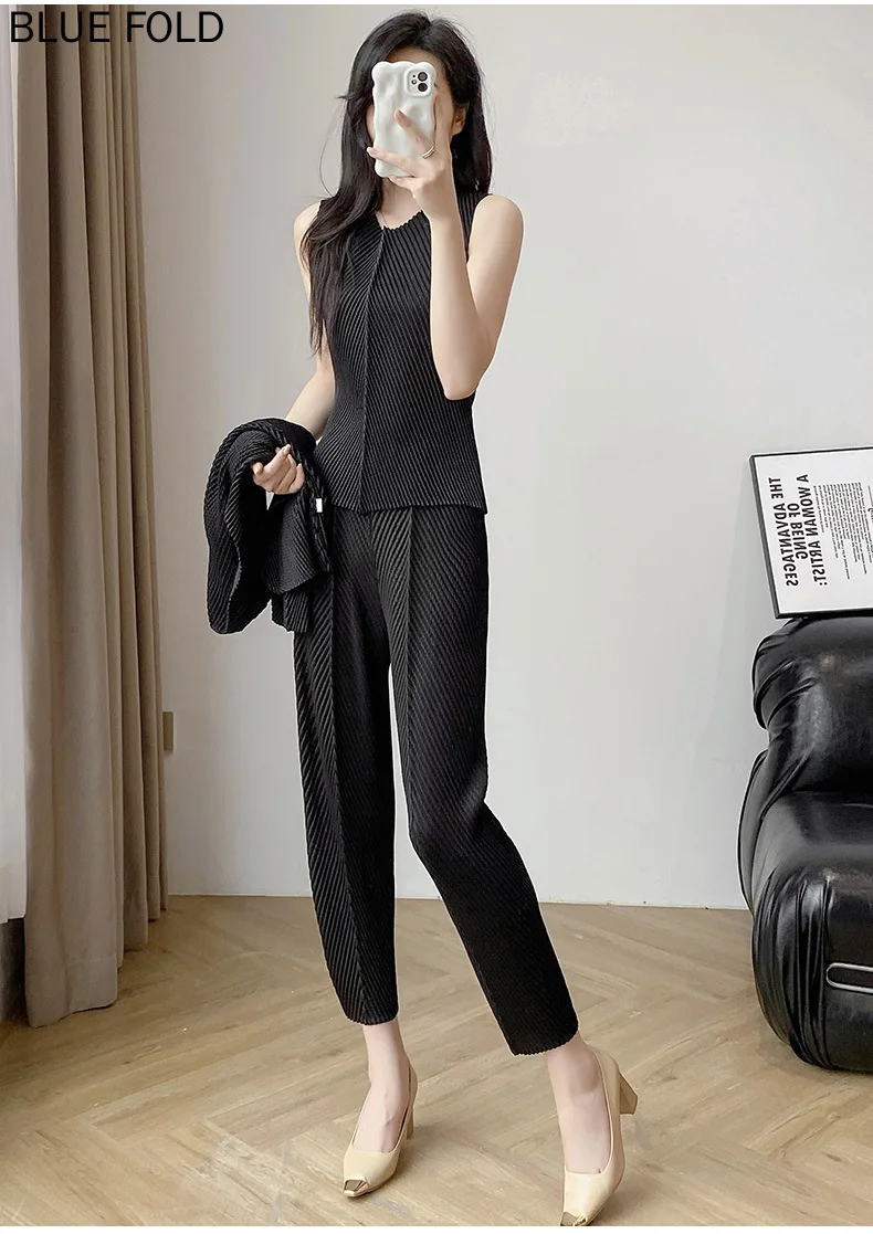 미야케 통근 기질 3피스 여성 고급 플리츠 패션 고급 바지 정장