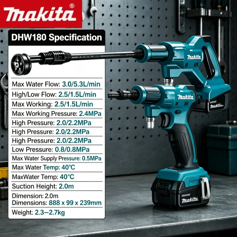 Pistola a getto d'acqua portatile senza fili per campeggio DHW180, ad alta potenza, per autolavaggio, compatibile con batteria al litio Makita 18V, ideale per lavare bici e patio