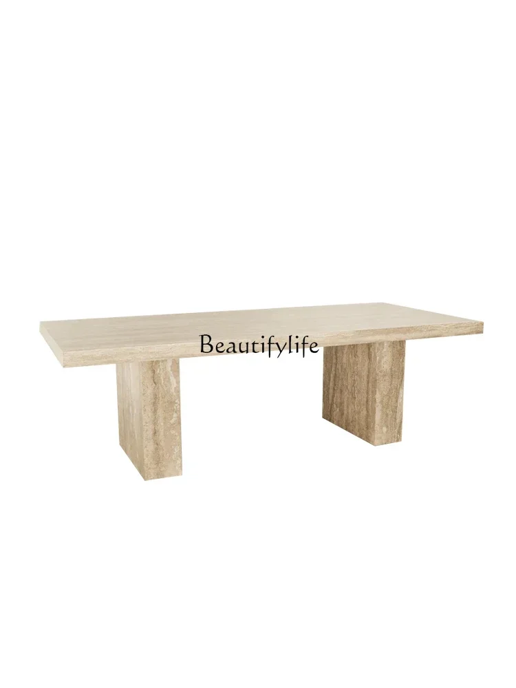 

FG28Wabi Sand Wind Natural Travertine Hotel Villa Dining Table Light Luxury Marble Dining Table