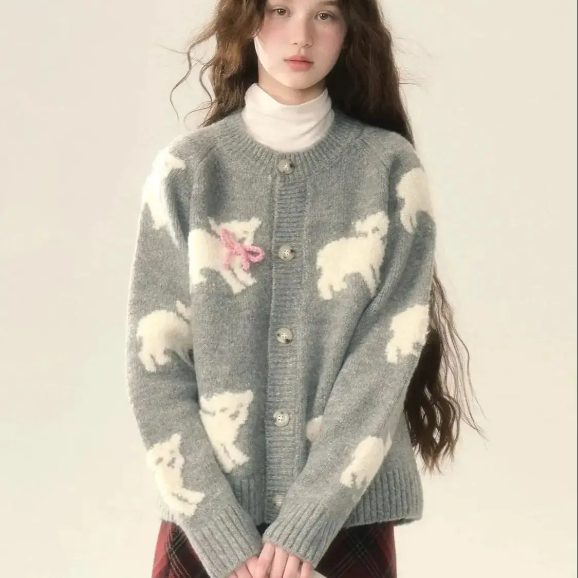 

Knitted Cardigan Bow Lamb Intarsia Cute Round Neck Sweater Women Winter Lazy Loose Design Coat