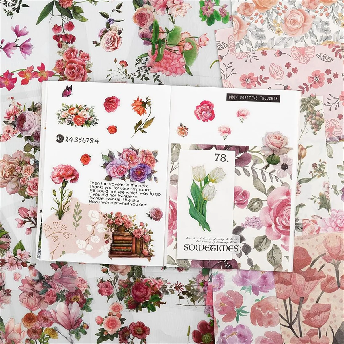 

AA98 Flower Sticker, Scrapbooking Supplies for Adult Junk Journal 50 Sheets, Transparent Stickers and Material Paper Pink