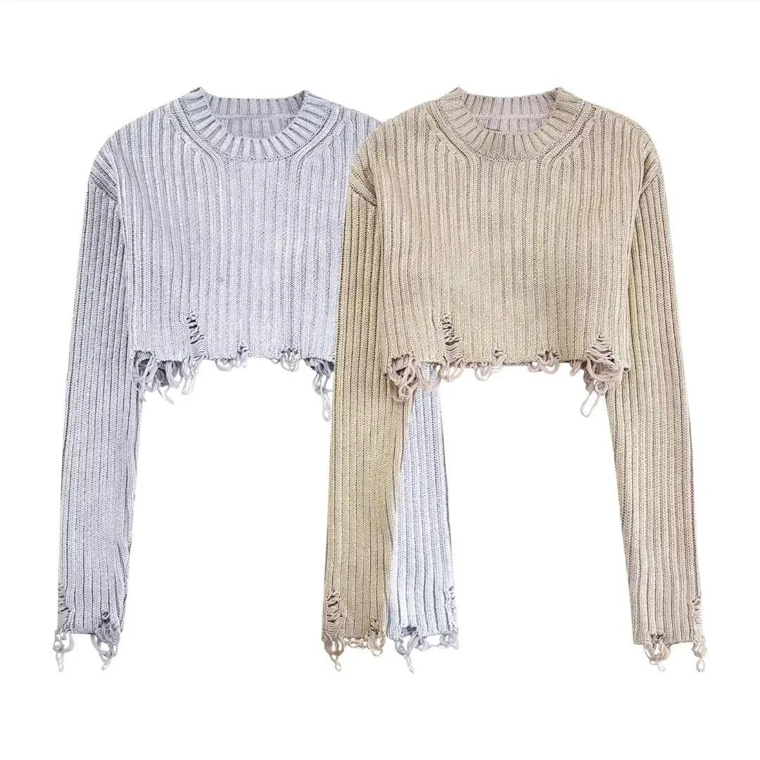 Tangada 2024 Women Silver Crop Sweaters Long Sleeve Female Ripped Jumper BE018