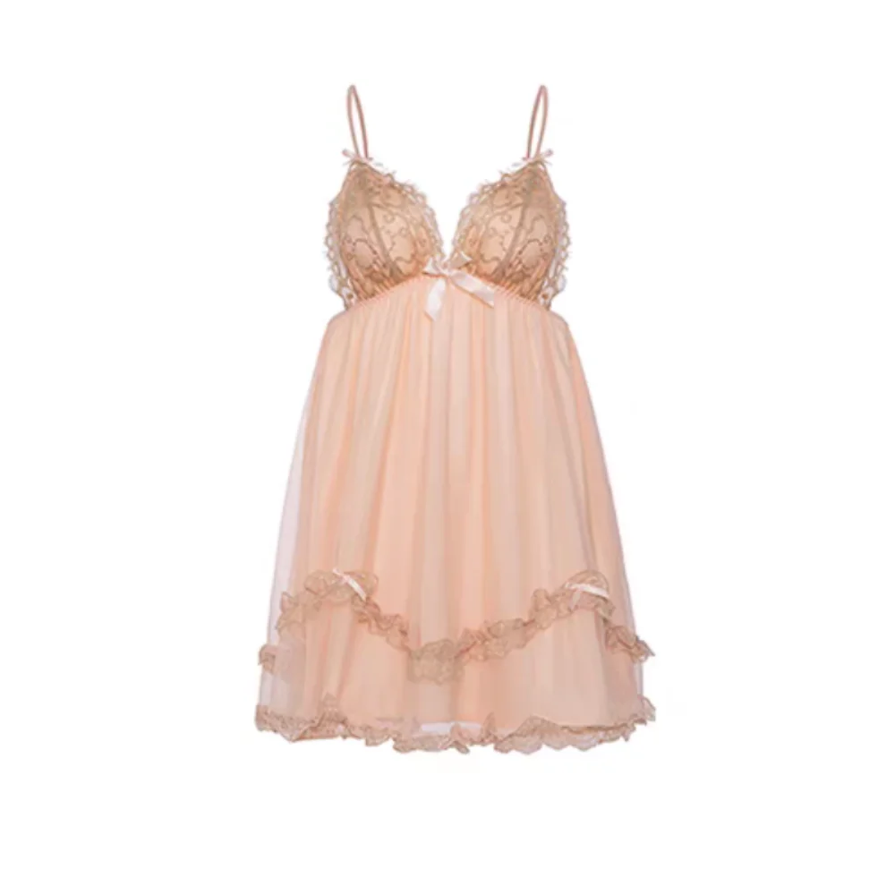 

Lace Bowknot Women's Pajama Dress Ruffle Sleeveless Suspender Nightdress Homewear Flower Sling Nightgown with Pads Summer