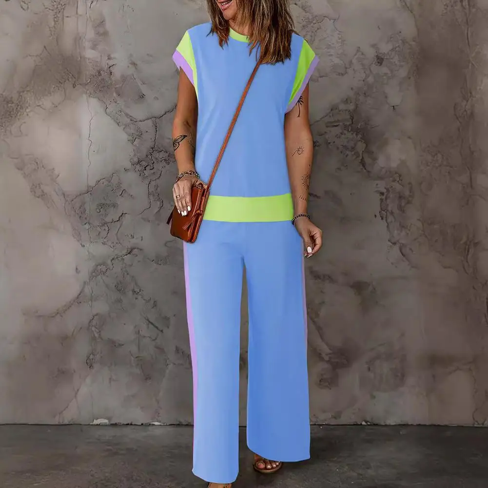 Women Color-blocked Suit Set Women\'s Top Wide Leg Pants Set for Wear Loose Fit O Neck T-shirt with Color Matching for Females