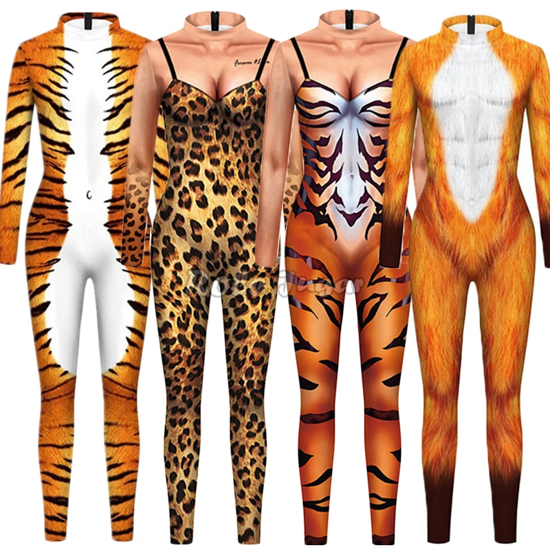 Macacão com estampa leopardo traje cosplay para homens e mulheres, manga longa, bodysuits finos, performance de carnaval do Dia das Bruxas, macacão Zentai, animal