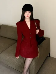 Insozkdg Winter New High-End Thick Red Suit Jacket and Skirt Set for Women Korean Fashion Slimming Christmas Outfit Lady Girl