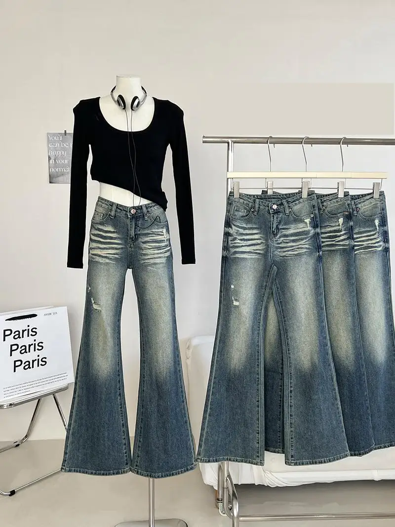 Primavera verão feminino angustiado rasgado alargamento jeans senhora streetwear cintura alta bota magra corte calças de brim comprimento total